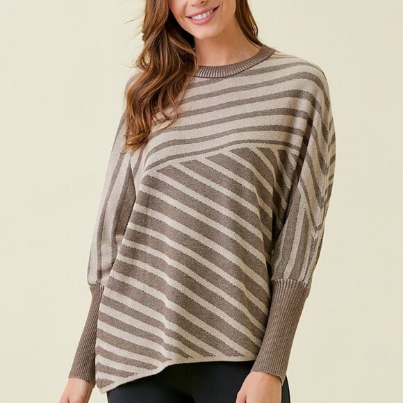 MYSTREE Taupe & Cream Diagonal Stripe Dolman Sleeve Sweater Asymmetrical Hem - Picture 6 of 7